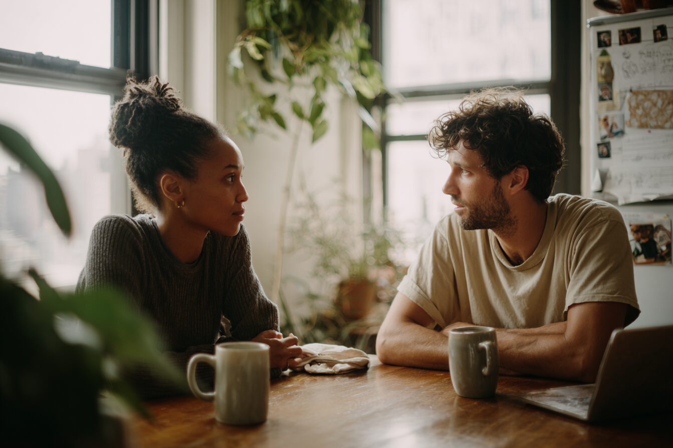 Couple sitting honestly across a kitchen table, one partner with ADHD, both engaged in difficult but non-shaming conversation about their marriage.
