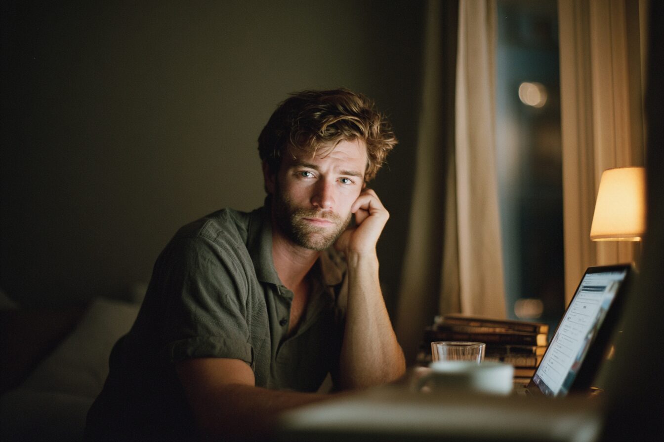ADHD partner working late at his laptop with messaging app open, partner asleep behind him, capturing the slow start of an ADHD emotional affair.