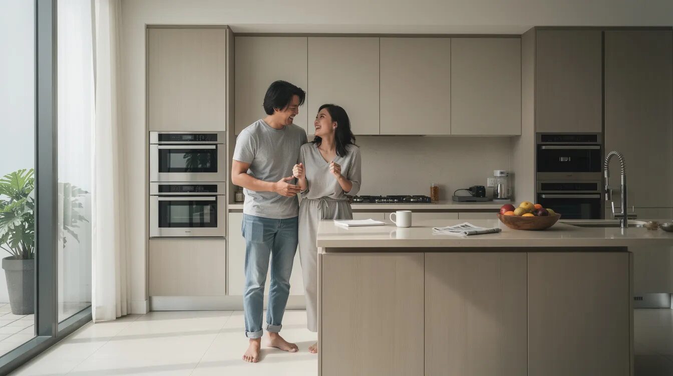 Southeast Asian couple in their early 30s laughing together in a modern kitchen on a weekend morning, the husband showing attentive presence despite his ADHD.