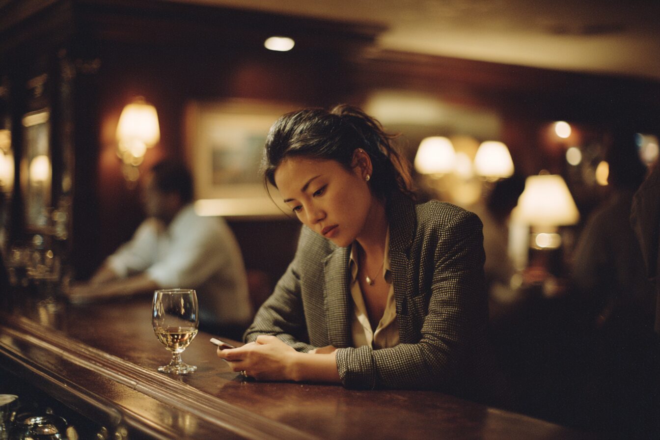 Woman with ADHD alone at a hotel conference bar late at night, phone face down, capturing the moment ADHD impulsivity meets opportunity.