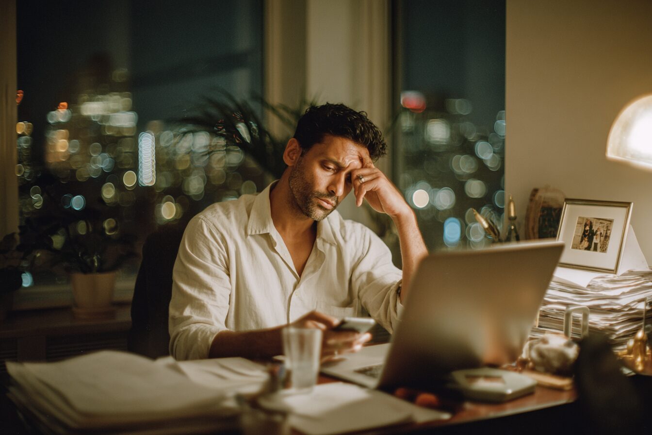 Adult man with ADHD at his home office desk late at night, looking at his phone with stress visible, capturing the shame cycle behind ADHD lying in relationships.