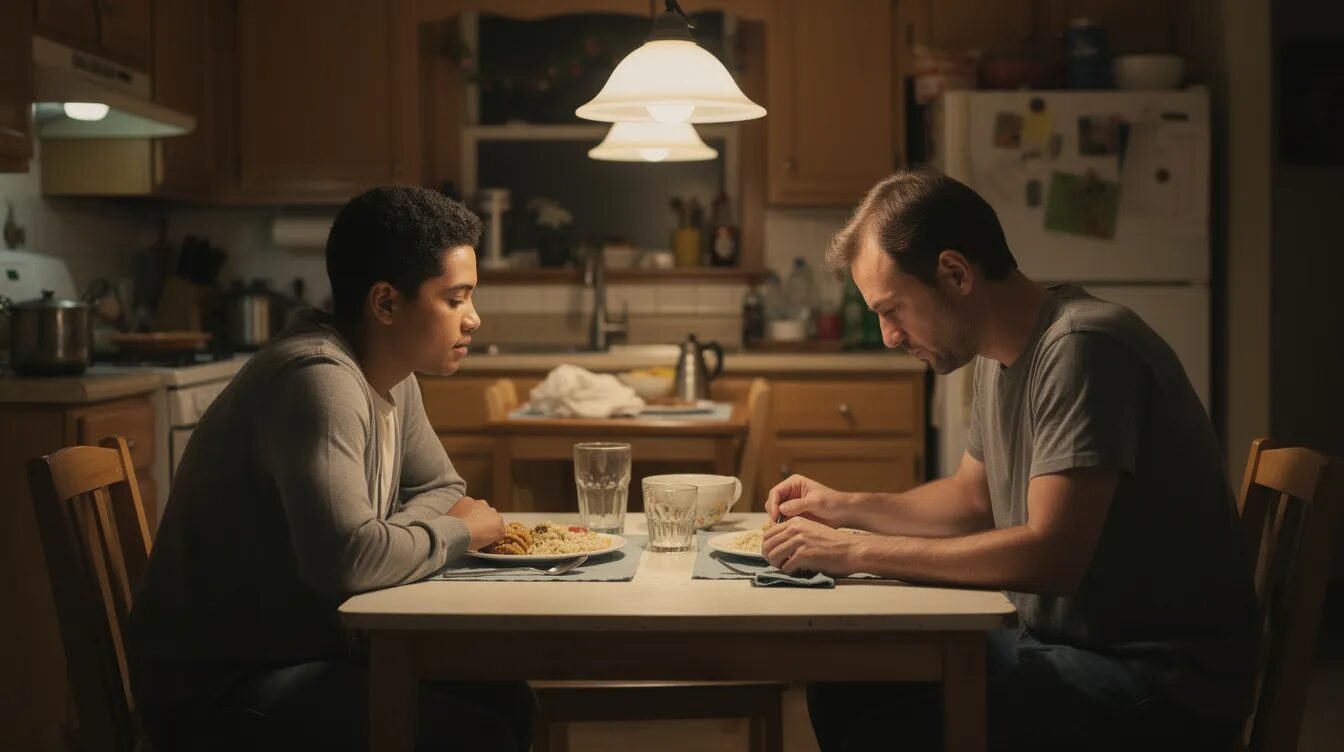Latino and white couple at a dinner table, one partner emotionally shut down after a rejection sensitive dysphoria spiral linked to ADHD.