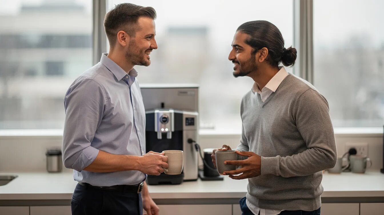 Two coworkers in their early 30s at an office coffee station, body language showing the early shift from professional friendship toward an ADHD emotional affair.