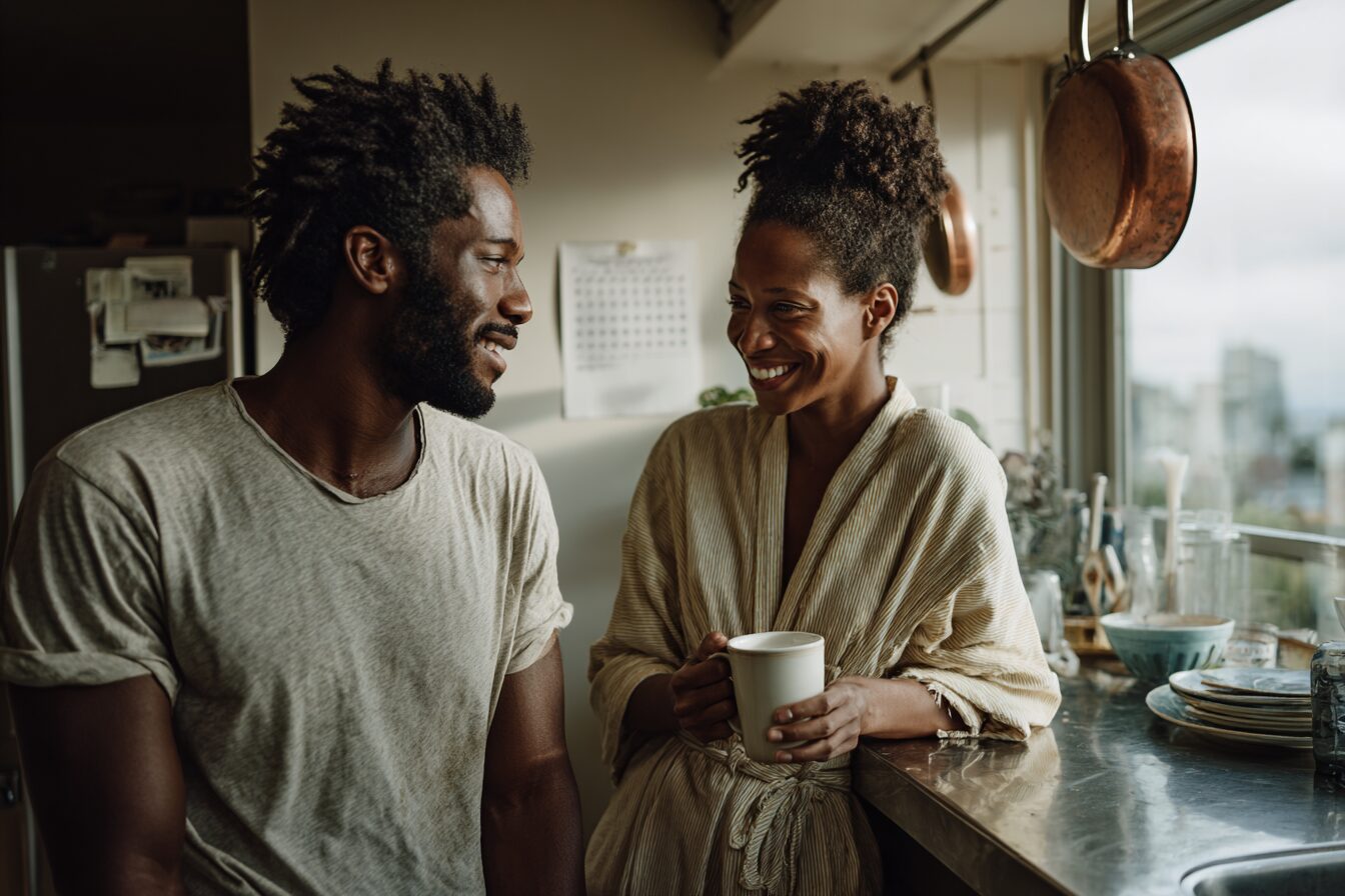 Adult man with ADHD giving his wife focused attention in a sunny kitchen, illustrating that ADHD and steady presence in marriage can coexist.