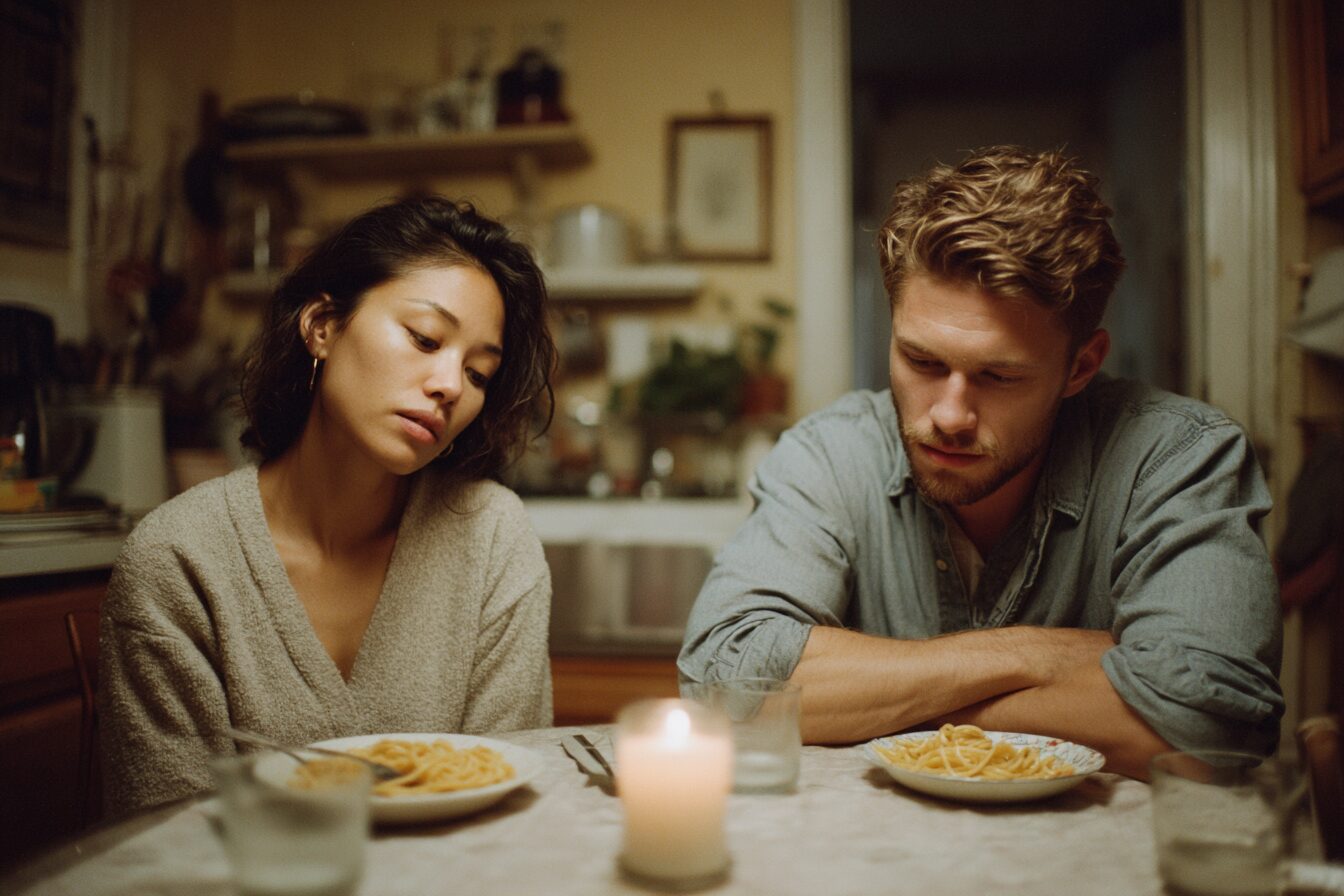 Couple at a dinner table after one partner with ADHD has shut down emotionally, capturing rejection sensitive dysphoria in a real marriage.