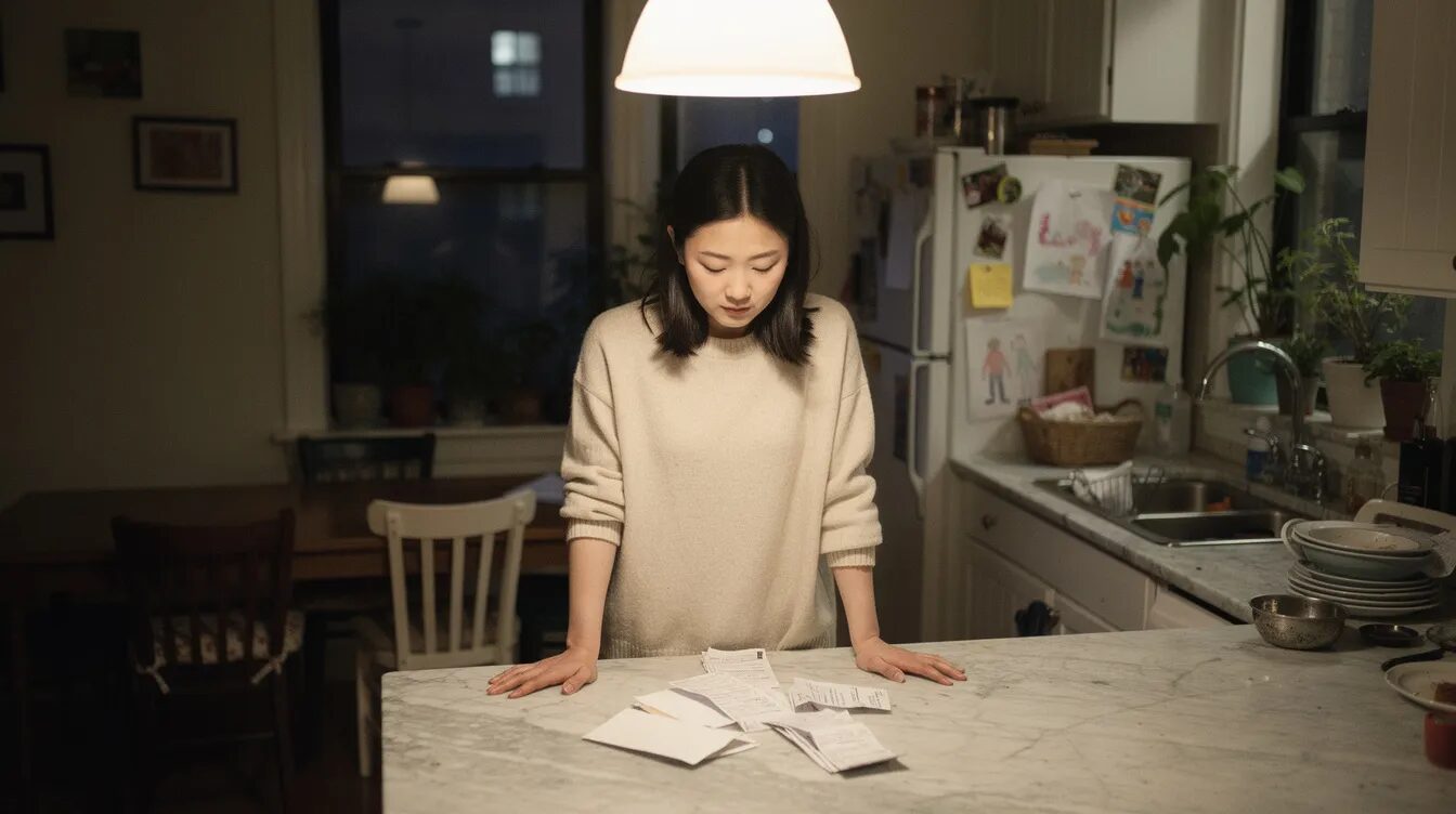 Korean woman in her early 30s alone at a marble Brooklyn kitchen island at night with a stack of unpaid bills, illustrating the quiet weight of an untreated ADHD marriage.