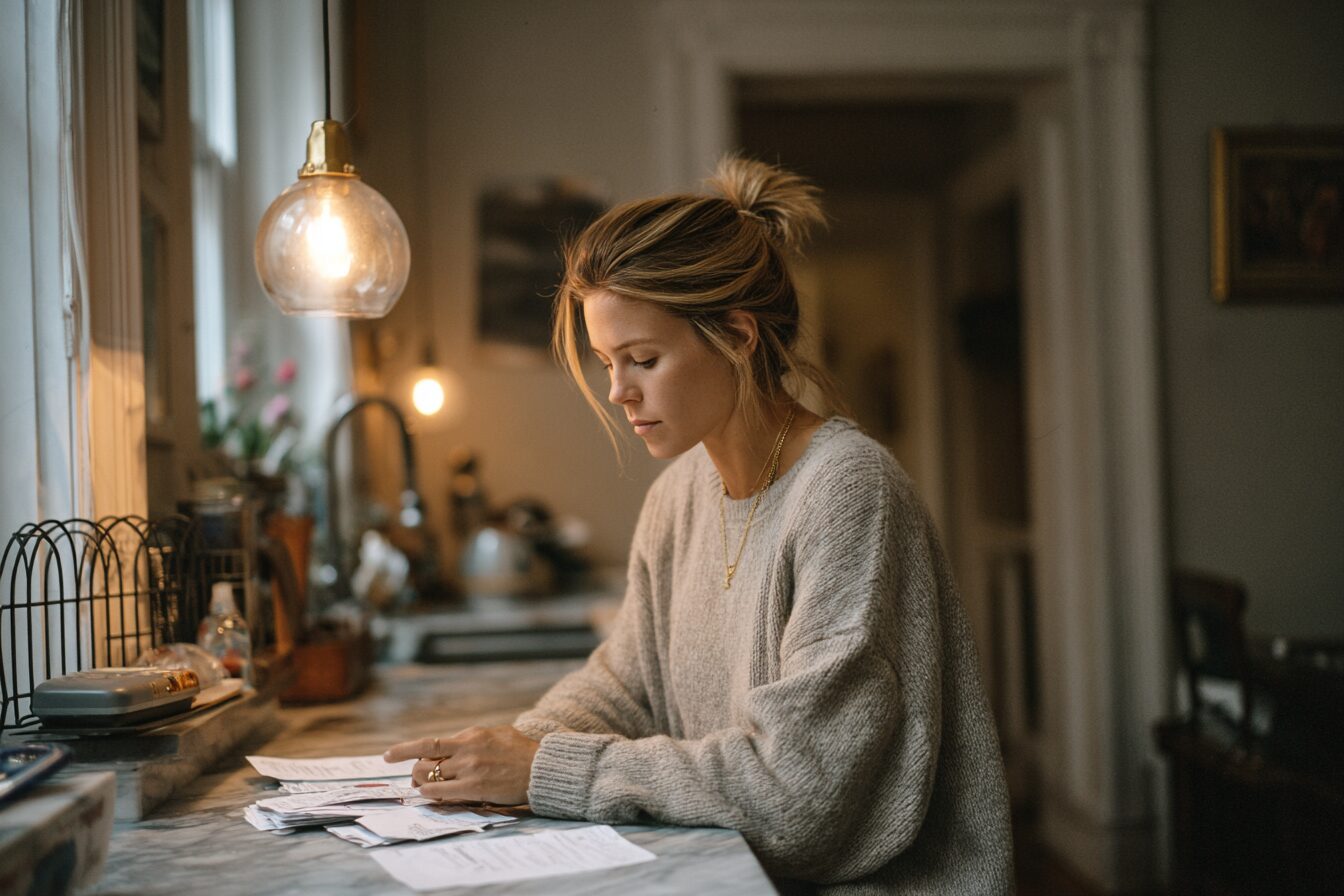 Non-ADHD wife at her kitchen island late at night with a stack of unpaid bills, doing the quiet math of life with an untreated ADHD partner.